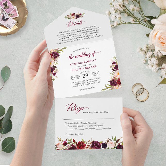 Burgundy Marsala Floral Wedding Details RSVP All In One Invitation (Creator Uploaded)