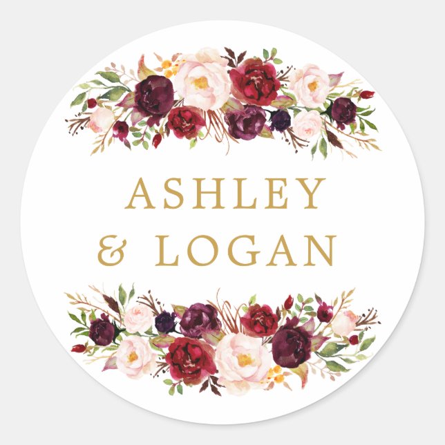Burgundy Marsala Floral Wedding Favour Sticker (Front)