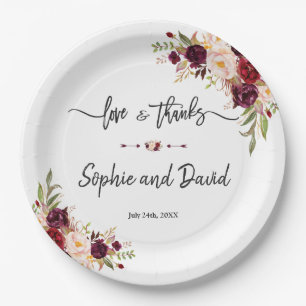 Burgundy Marsala Floral Wedding Love and Thanks Paper Plate