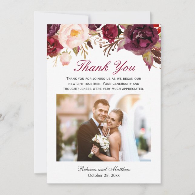 Burgundy Marsala Floral Wedding Photo Thank You Card (Front)
