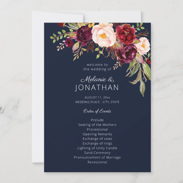 Burgundy Marsala Floral Wedding Program Navy V2 (Front)