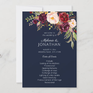 Burgundy Marsala Floral Wedding Program Navy V2