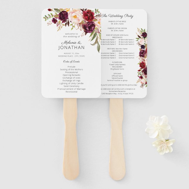 Burgundy Marsala Floral Wedding Program White V2 Hand Fan (Front and Back)