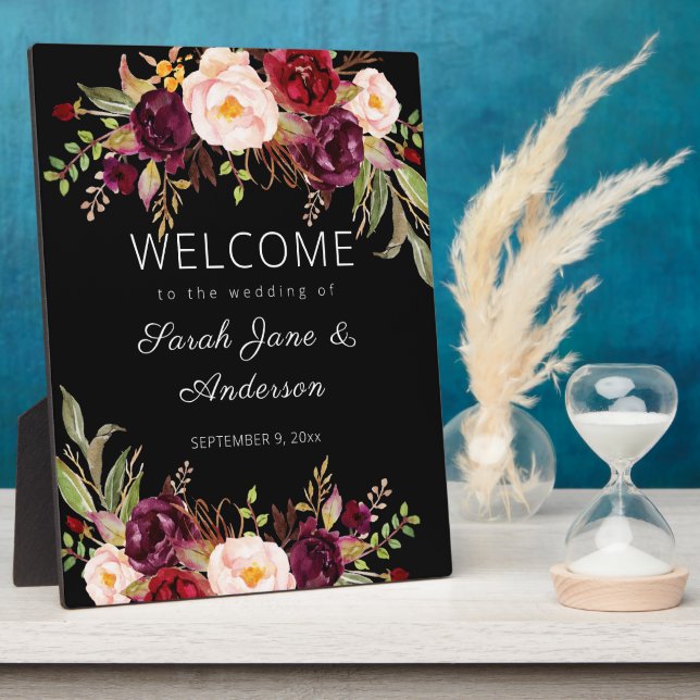 Burgundy Marsala Floral Welcome Sign - Black Plaque (Side)