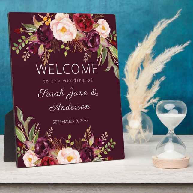 Burgundy Marsala Floral Welcome Sign Plaque (Side)