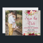 Burgundy Marsala Floral Wood Save the Date Photo<br><div class="desc">Bohemian Burgundy Marsala Floral Save the Date Photo card. Bohemian burgundy,  marsala,  pink watercolor roses,  botanical floral arrangement wedding design with green leaves on grey oak wood background. Feature an elegant handwritten typography „Save the Date” design. Perfect choise for fall or winter weddings. #3337</div>