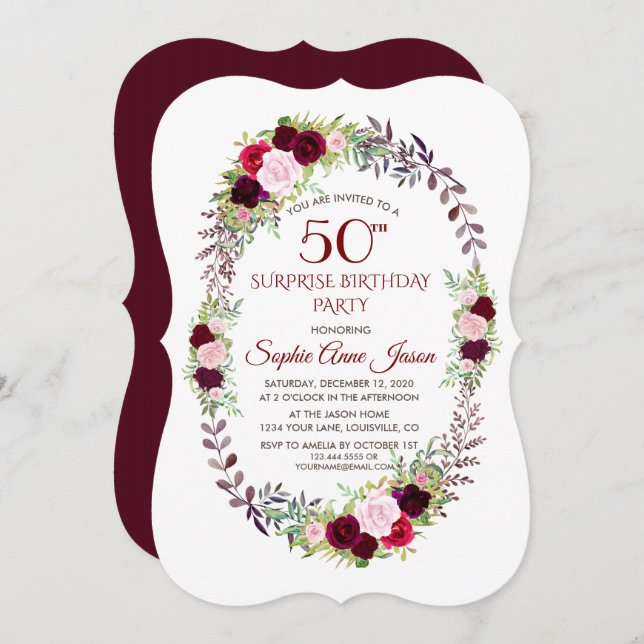 Burgundy Marsala Floral Wreath 50th Birthday Invitation (Front/Back)