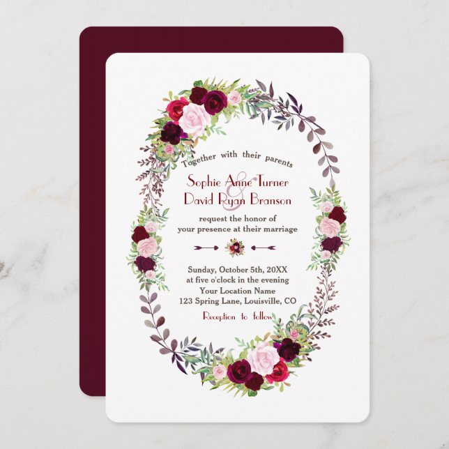 Burgundy Marsala Floral Wreath Wedding Invitation (Front/Back)
