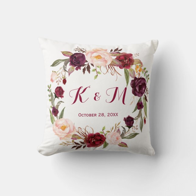 Burgundy Marsala Floral Wreath Wedding Monogram Cushion (Front)