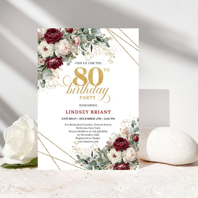 Burgundy Marsala Flowers Greenery 80th Birthday Invitation (Burgundy Marsala Flowers Greenery 80th Birthday)