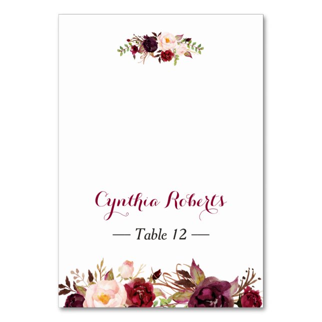 Burgundy Marsala Flowers Wedding Place Card (Front)