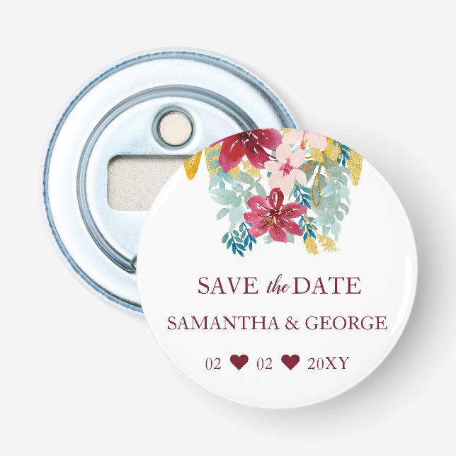 Burgundy Marsala Gold Floral Botanical Wedding Bottle Opener (Front)