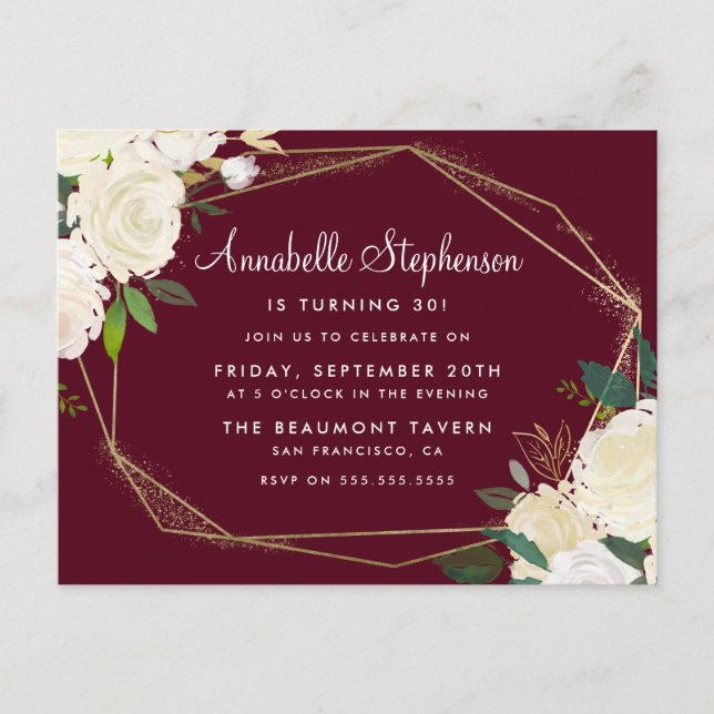 Burgundy Marsala Gold Geometric Birthday Party Invitation Postcard (Front)