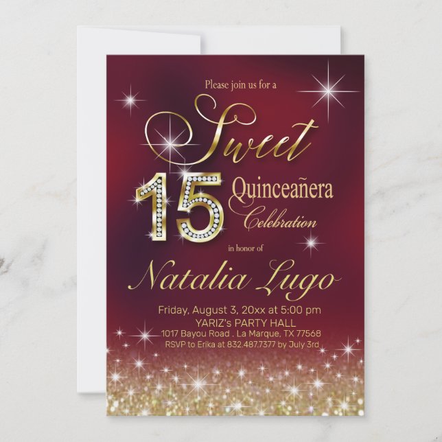 Burgundy Marsala Gold Glitter Sweet 15 Quinceanera Invitation (Front)