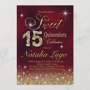 Burgundy Marsala Gold Glitter Sweet 15 Quinceanera Invitation