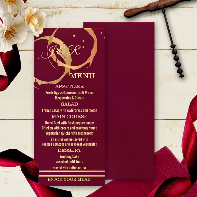 Burgundy Marsala Gold Wine Stain Menu (Elegant modern menu card featuring a burgundy marsala design with gold printed wine stains.)