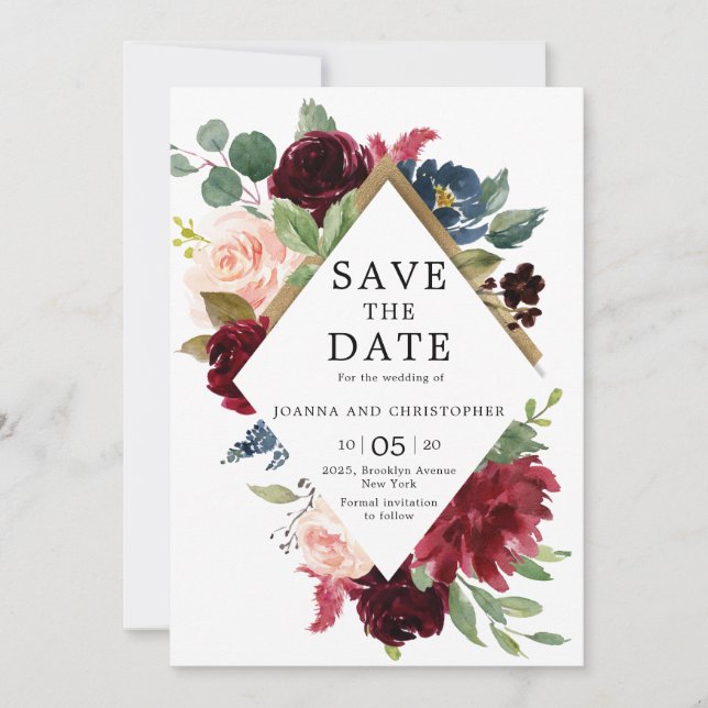 Burgundy Marsala Navy Blue Blush Pink Rose Wedding Save The Date (Front)