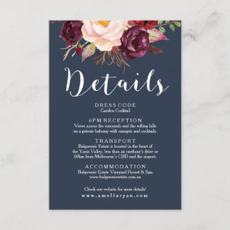Burgundy Marsala Navy Wedding Details Card