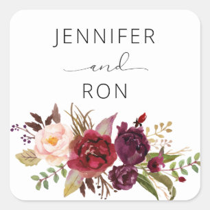 Burgundy Marsala & Pink Floral Name - White Square Sticker