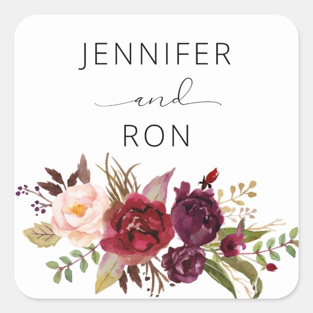 Burgundy Marsala & Pink Floral Name - White Square Sticker (Front)