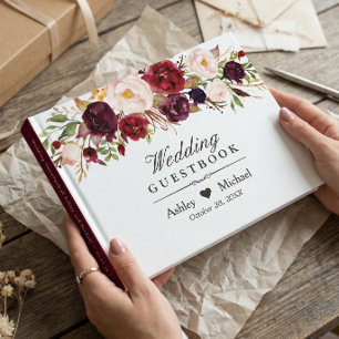 Burgundy Marsala Red Autumn Floral Wedding Guest Book