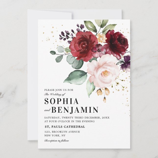 Burgundy Marsala Red Blush Pink Rose Floral Invitation (Front)