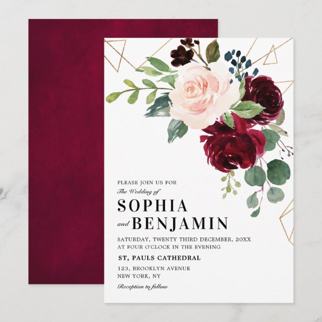 Burgundy Marsala Red Blush Rose Geometric Floral Invitation (Front/Back)