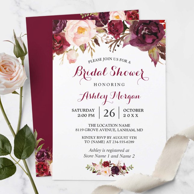 Burgundy Marsala Red Floral Autumn Bridal Shower Invitation (Creator Uploaded)