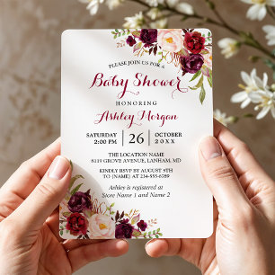 Burgundy Marsala Red Floral Boho Baby Shower Invitation