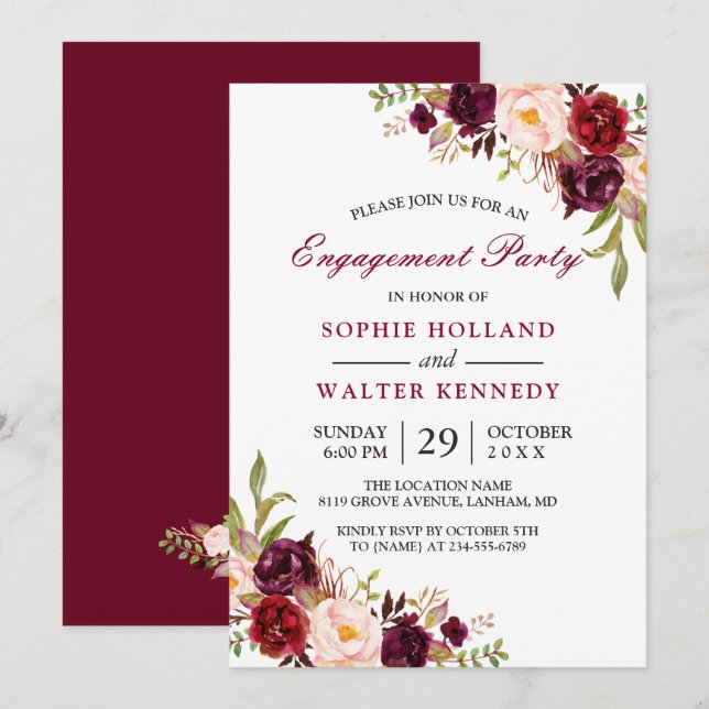 Burgundy Marsala Red Floral Chic Engagement Party Invitation (Front/Back)