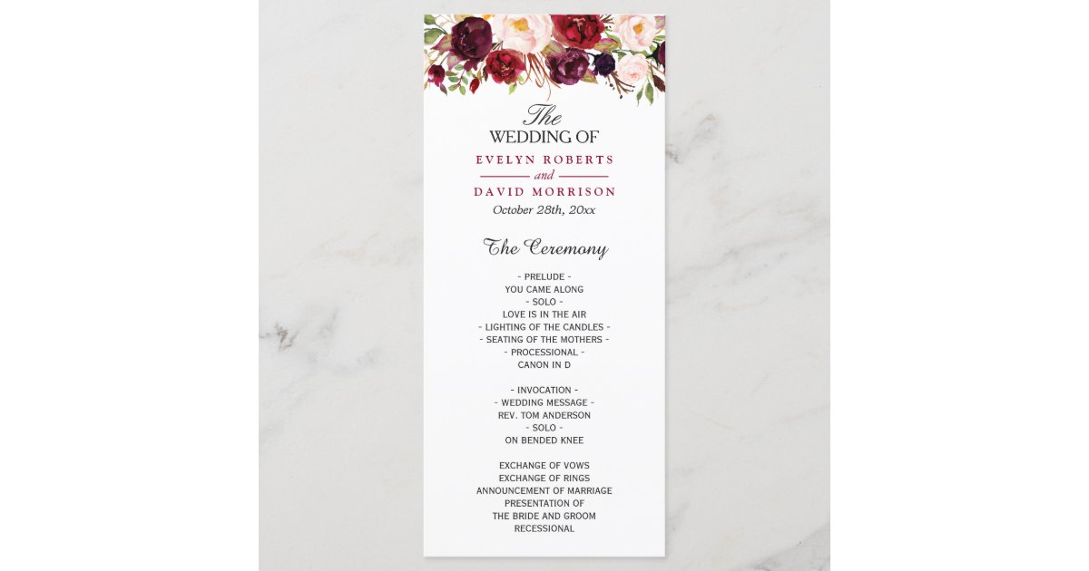 Burgundy Marsala Red Floral Chic Wedding Program Zazzle Com Au