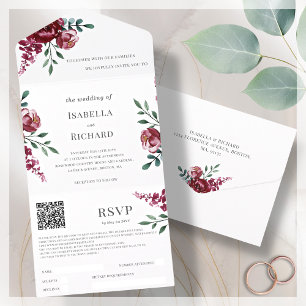 Burgundy Marsala Red Floral QR Code RSVP All In One Invitation