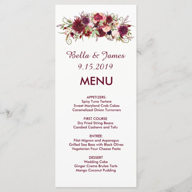 Burgundy Marsala Red Floral Wedding Menu (Front)