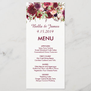 Burgundy Marsala Red Floral Wedding Menu