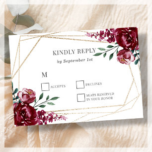Burgundy   Marsala Red Floral Wedding RSVP Card