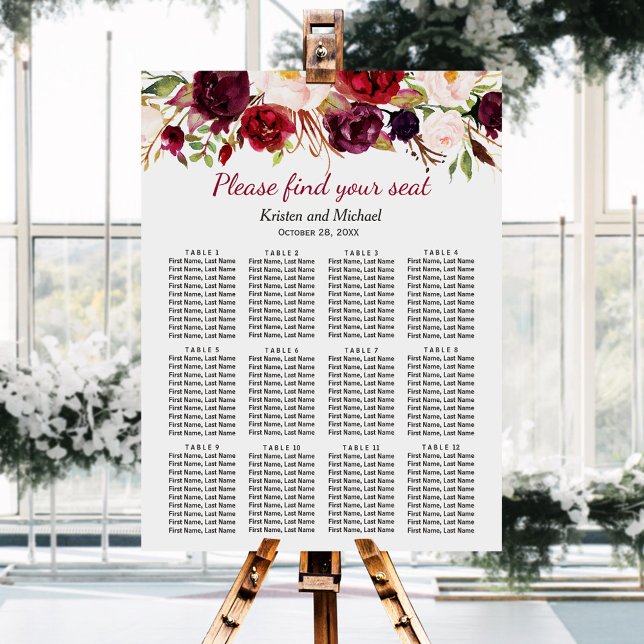 Burgundy Marsala Red Floral Wedding Seating Chart (Creator Uploaded)