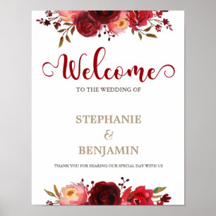 Burgundy Marsala Red Floral Welcome Wedding sign