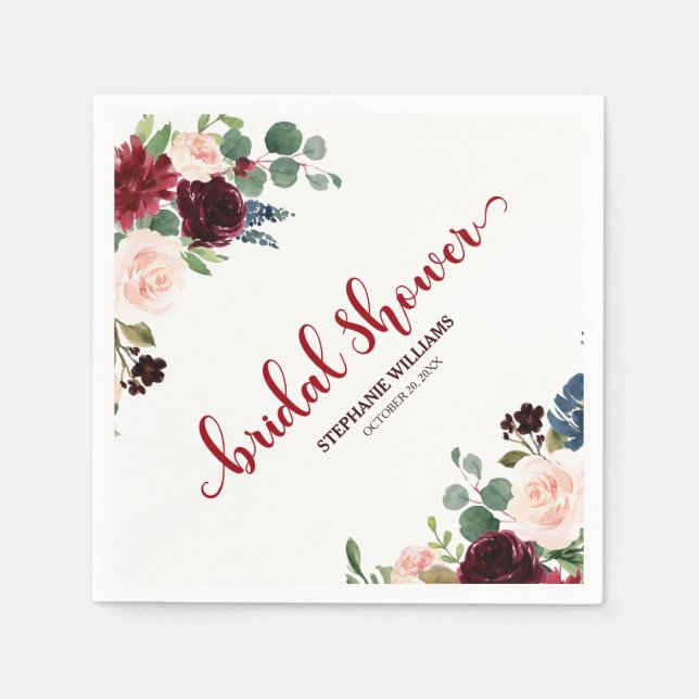 Burgundy Marsala Red Navy Floral Bridal Shower Napkin (Front)