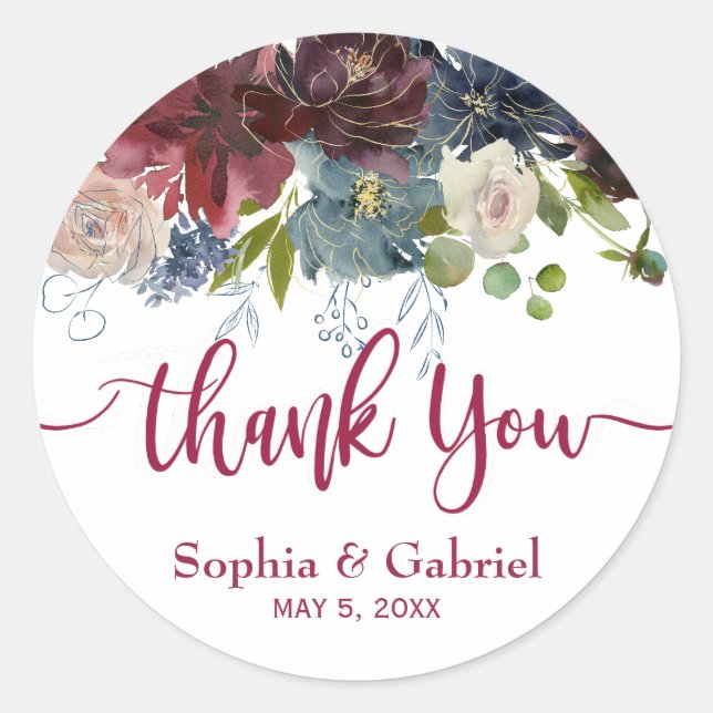 Burgundy Marsala Red Navy Floral Wedding Thank You Classic Round Sticker (Front)