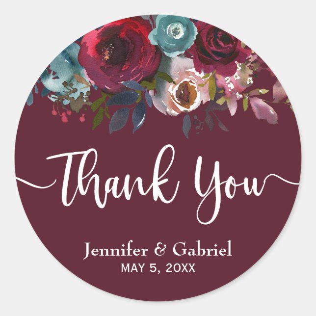 Burgundy Marsala Red Navy Floral Wedding Thank You Classic Round Sticker (Front)