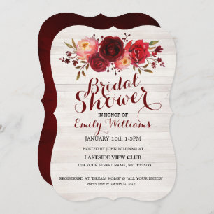 Burgundy Marsala Red Roses Floral Bridal Shower Invitation