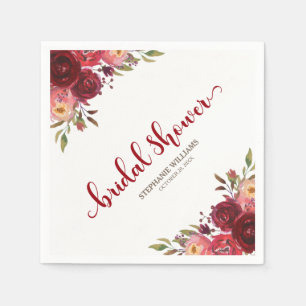 Burgundy Marsala Red Roses Floral Bridal Shower Napkin