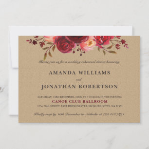 Burgundy Marsala Red Roses Floral Rehearsal dinner Invitation