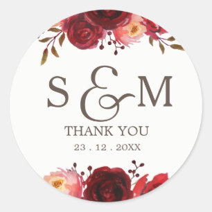 Burgundy Marsala Red Roses Floral Thank You Classic Round Sticker
