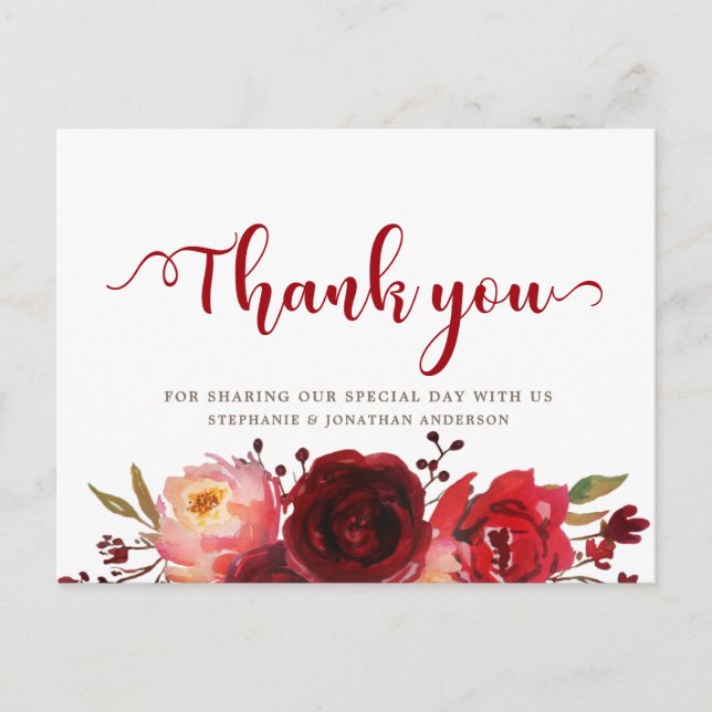 Burgundy Marsala Red Roses Floral Thank you Postcard (Front)