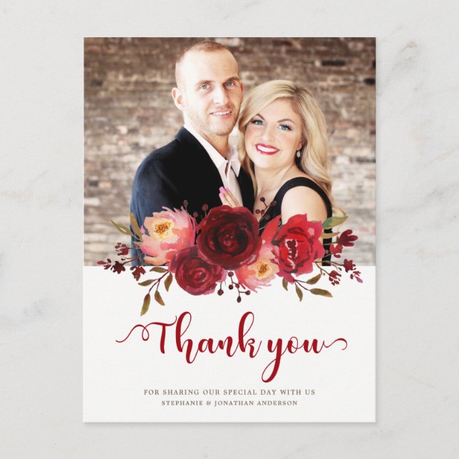 Burgundy Marsala Red Roses Floral Thank you Postcard (Front)
