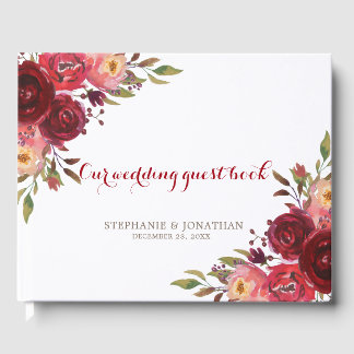 Burgundy Marsala Red Roses Floral wedding Guest Book