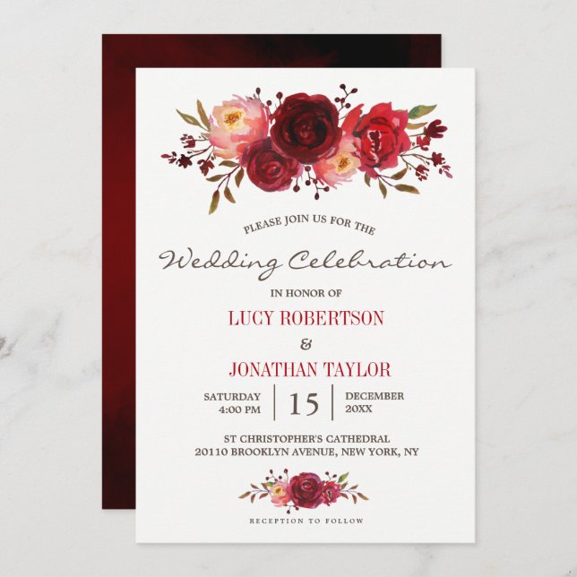 Burgundy Marsala Red Roses Floral Wedding Invitation (Front/Back)