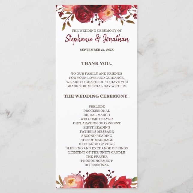 Burgundy Marsala Red Roses Floral Wedding Program (Front)