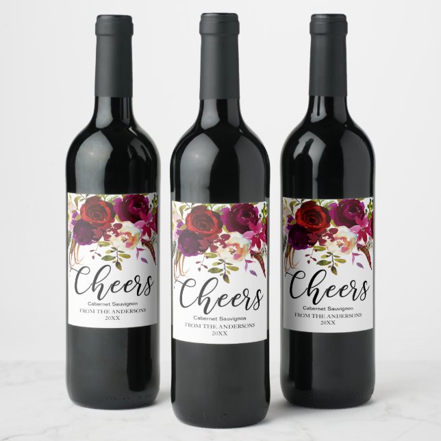 Burgundy Marsala Red Rustic Boho Floral Cheers Wine Label (Bottles)